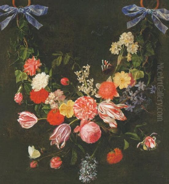 A Swag Of Ivy, Tulips, Roses And Other Flowers Tied With Blue Ribbons And Suspended From Rings, With Dragonflies And A Butterfly Oil Painting by Daniel Seghers