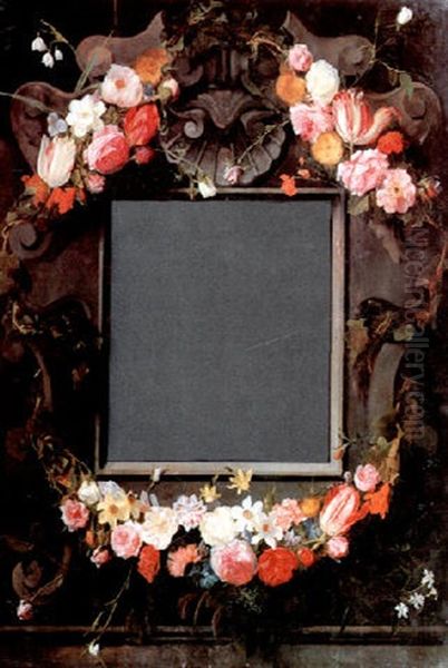 A Stone Cartouche With A Wreath Of Flowers Surrounding A Mirror Oil Painting by Daniel Seghers