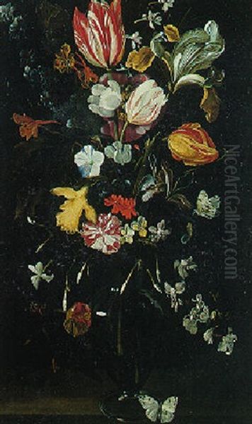 Bouquet De Tulipes, Iris Et Oeillets Dans Un Vase En Verre Sur Un Entablement Avec Un Papillon Oil Painting by Daniel Seghers