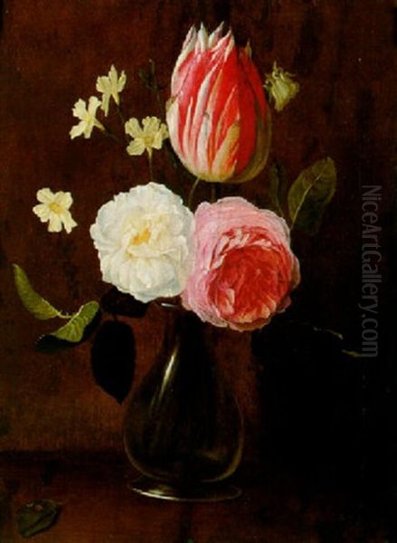 Roses, A Tulip And Stock In A Glass Vase On A Ledge Oil Painting by Daniel Seghers