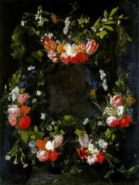 Swags Of Roses And Other Flowers Decorating A Feigned Stone Cartouche Oil Painting by Daniel Seghers