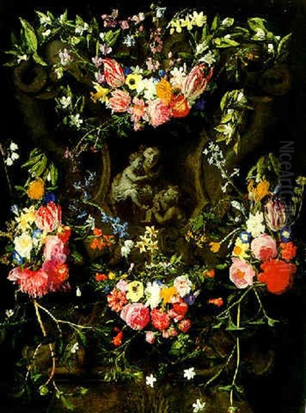 Guirnalda De Flores Con La Virgen, El Nino Y San Juanito Oil Painting by Daniel Seghers