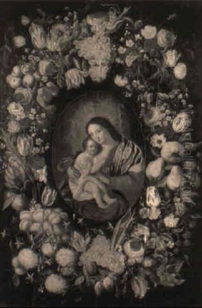 A Wreath Of Flowers Encirling The Virgin And Child Oil Painting by Daniel Seghers