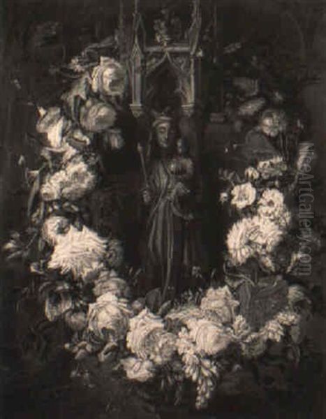 A Gothic Sculpture Of The Madonna And Child Within A Garland Of Flowers Oil Painting by Daniel Seghers