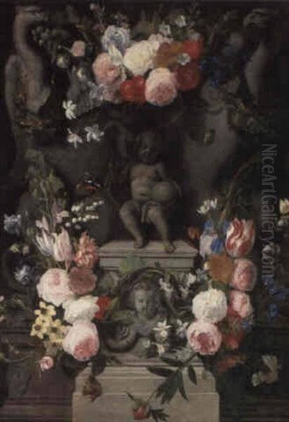 Swags Of Flowers Surrounding A Stone Cartouche Enclosing A Statue Oil Painting by Daniel Seghers