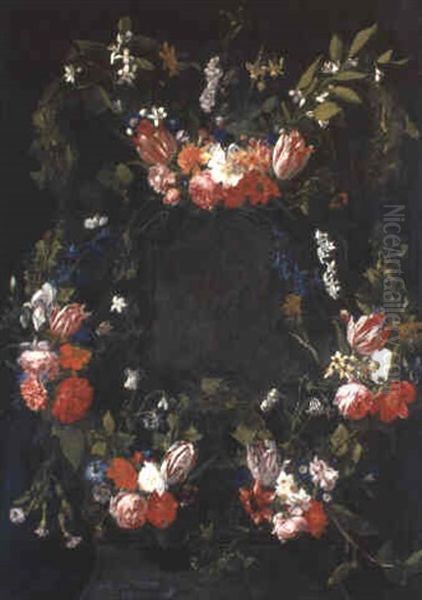 Swags Of Roses And Other Flowers On Feigned Stone Cartouche Oil Painting by Daniel Seghers