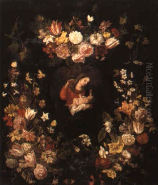 The Virgin And Child Framed By A Garland Of Flowers Oil Painting by Daniel Seghers