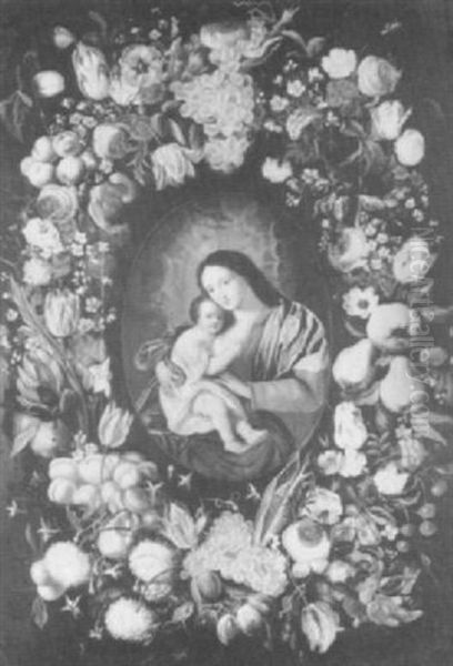 The Madonna And Child Surrounded By                         A Garland Of Flowers And Fruit Oil Painting by Daniel Seghers