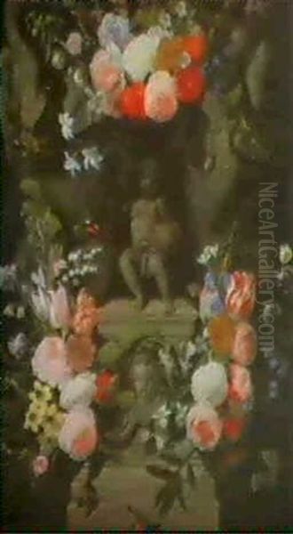 A Statue Of The Christ Child On A Pedestal Flanked By Eaglesand Decorated With Swags Of Flowers Oil Painting by Daniel Seghers