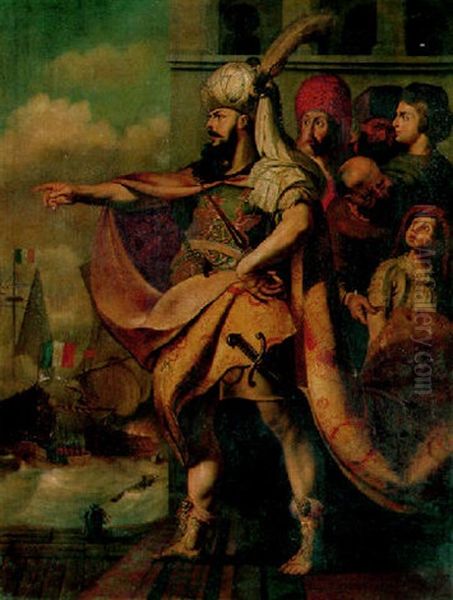 A Turkish Sultan Directing A Naval Battle Oil Painting by Gerard Seghers