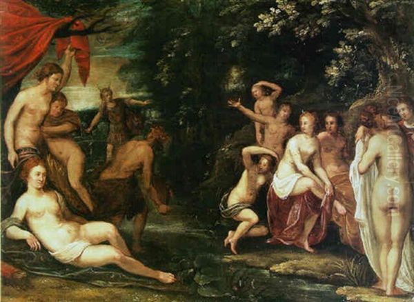 Diana With Her Attendant Nymphs In A Grotto With Actaeon Approaching by Gerard Seghers