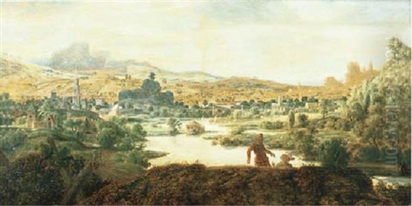 An Extensive View Of A Valley, With A Town By A River And Mountains Beyond by Hercules Seghers