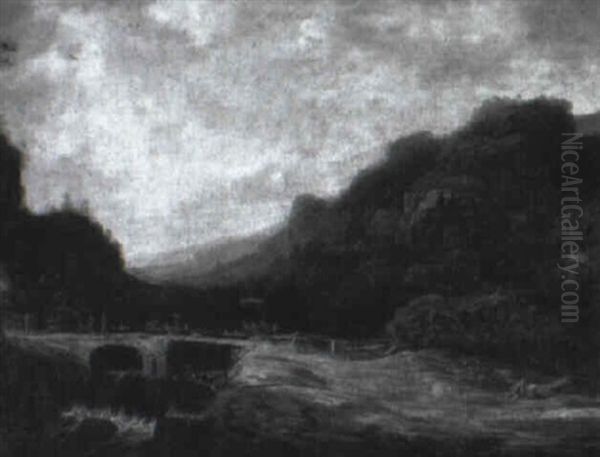 An Extensive Mountain Landscape With Bridge Over A Cascade Oil Painting by Hercules Seghers