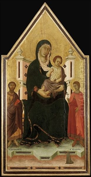 The Madonna And Child Enthroned With Saints Bartholomew And Ansanus Oil Painting by Niccolo Segna di Buonaventura