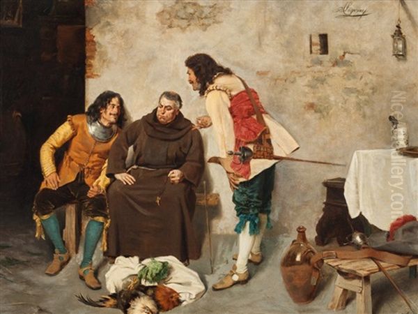 Padre In Discussion With Lansquenets Oil Painting by Alcide Segoni