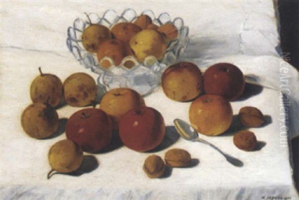 Apples And Walnuts On A Draped Table Oil Painting by Armand Seguin