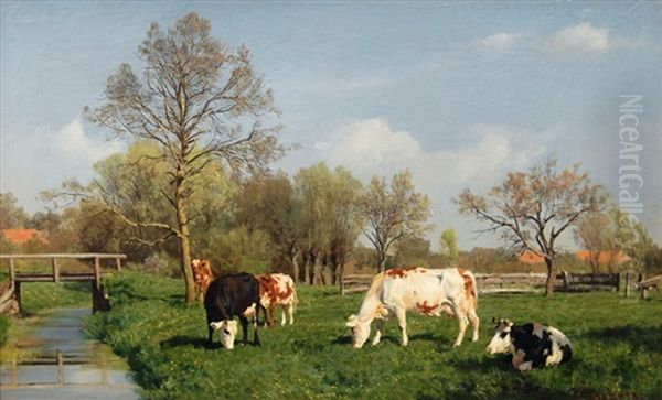 Cows Grazing By A Creek Oil Painting by Carl Seibels