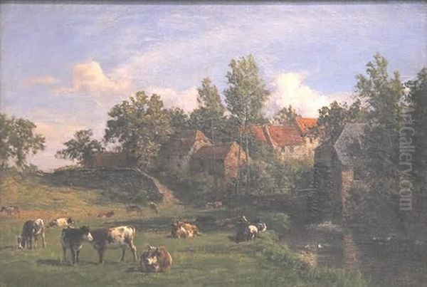 Cows Grazing By The River Oil Painting by Carl Seibels