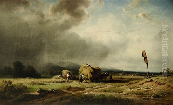 Heuernte Bei Aufziehendem Gewitter Oil Painting by August Seidel