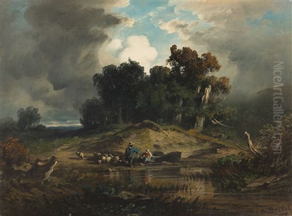 Schafer Mit Herde Am Gewasser Oil Painting by August Seidel