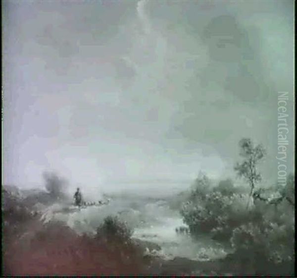 Schafer Mit Einer Herde Auf Staubiger Fahrstrasse Bei       Heraufziehendem Unwetter Oil Painting by Franz Seidel