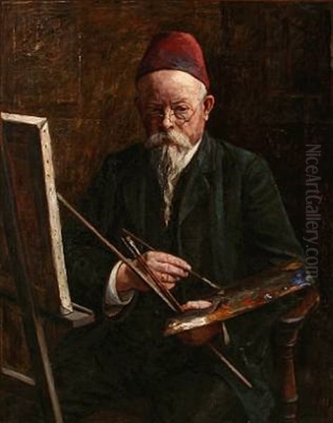 Portrait Of The Danish Painter I. T. Hansen At His Easel Oil Painting by Ingeborg Seidelin