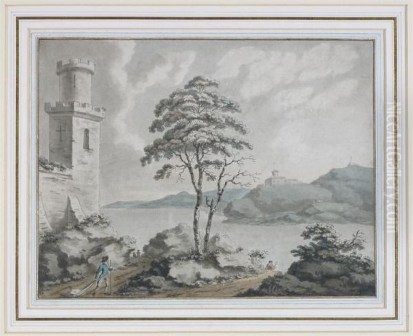 Figures By A Castle In A Lake Landscape Oil Painting by John Boyne