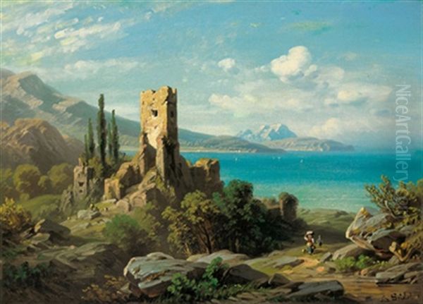 Sudliche Meeresbucht Mit Ruine Oil Painting by August Seidler