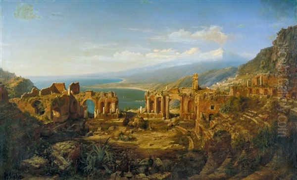 Blick Uber Die Ruinen Des Amphitheaters Von Taormina Auf Sizilien Auf Den Atna Oil Painting by Carl Friedrich Seiffert