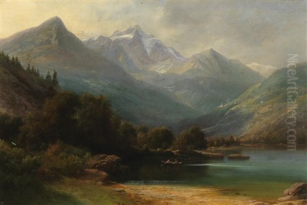 View Of The Lago Di Poschiavo With The Bernina Range Oil Painting by Carl Friedrich Seiffert