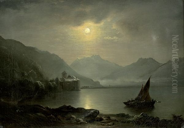 Mondschein Uber Schloss Chillon Am Genfer See Oil Painting by Carl Friedrich Seiffert