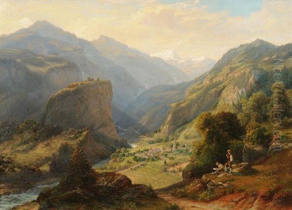 Ansicht Von Thusis Eingebettet In Die Berglandschaft, Im Vordergrund Ein Maler Oil Painting by Carl Friedrich Seiffert