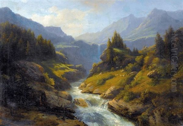 Gebirgsbach Mit Wasserfall Oil Painting by Carl Friedrich Seiffert