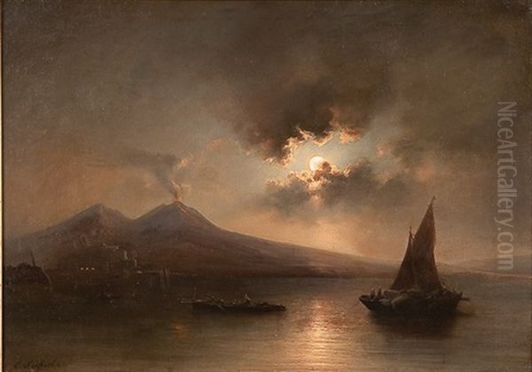 Italian Coastal Moonlit Scene With Erupting Volcano Oil Painting by Carl Friedrich Seiffert