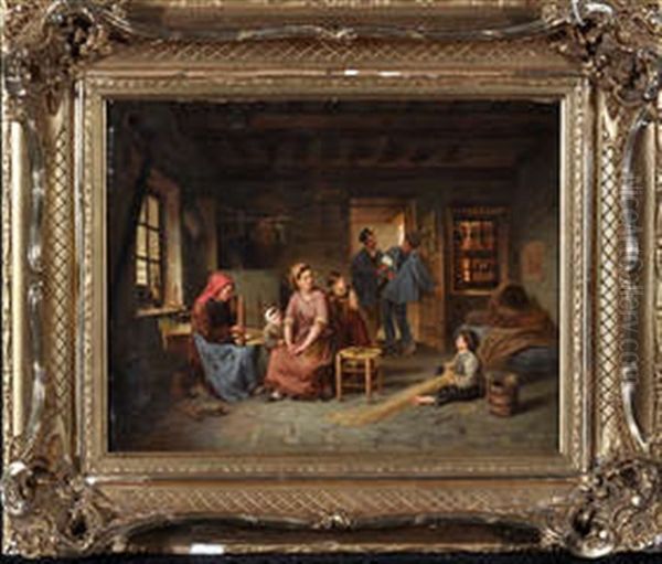 A French Cottage Interior With Two Women Making Rushwork Stools, With Three Children And Two Men Nearby Oil Painting by Paul Seignac