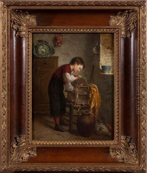 L'enfant Avec Un Oiseau Dans Un Garde-manger Oil Painting by Paul Seignac