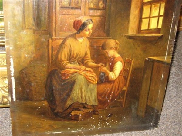 Interior With Mother And Child Knitting Oil Painting by Paul Seignac