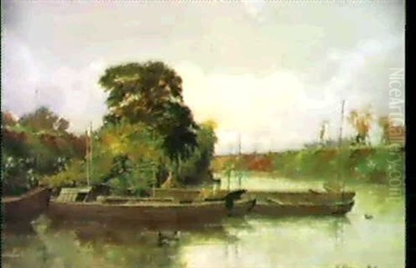 Landscape With Boats Moored By A Riverbank Oil Painting by Oka Seiichi