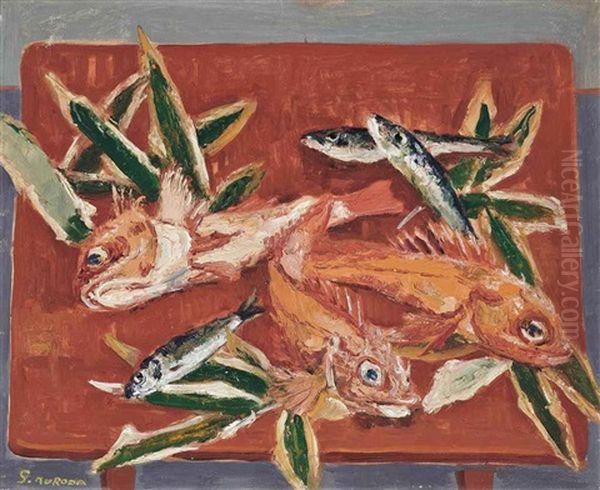 Fish And Leaves On A Table Oil Painting by Kuroda Seiki