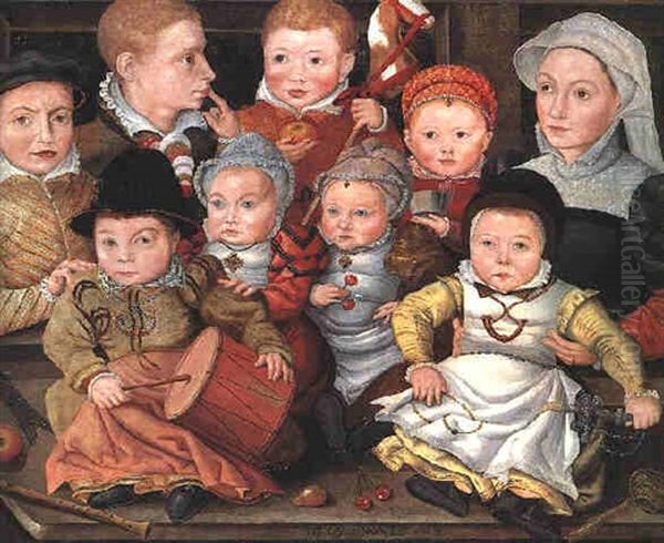 Portrait Of A Mother And Her Eight Children, Each Holding Various Toys, In An Interior Oil Painting by Jakob Seisenegger