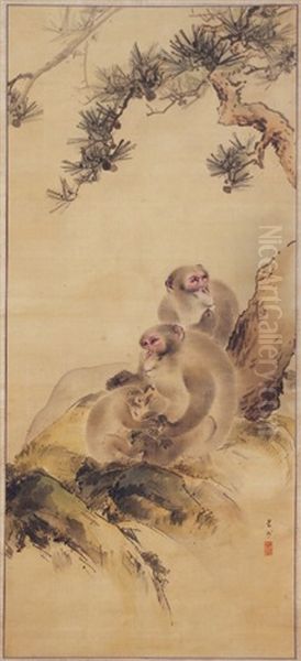 Asai Seishu (1796-1862): Monkey Family On A High Oil Painting by Asai Seishu