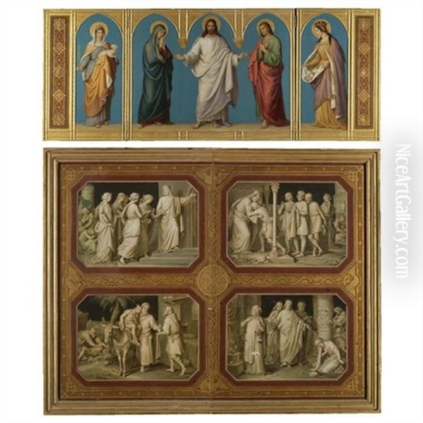 Auferstandenen Christus Umgeben Von Agnes, Maria, Johannes Und Elisabeth, Sowie Vier Parabeln (the Resurrected Christ With Agnes, Mary, John And Elisabeth And The Parables Of Christ) (triptych) Oil Painting by Alexander Maximilian Seitz