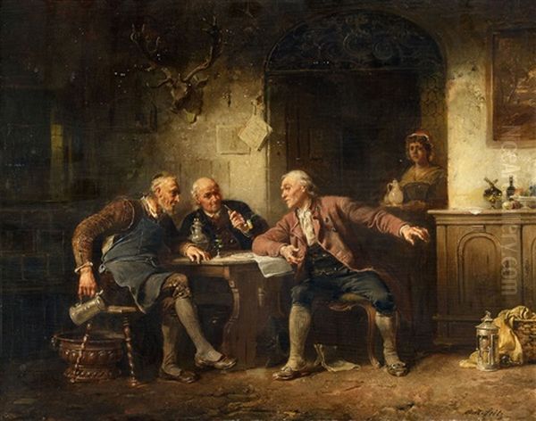 Three Men At A Table Oil Painting by Anton Seitz