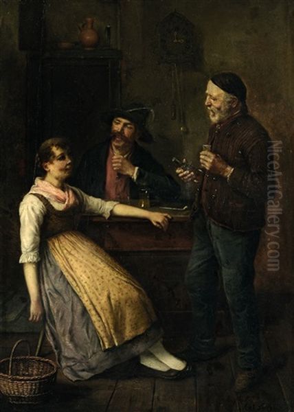 Dirndl Mit Zwei Bauern In Der Stube Oil Painting by Anton Seitz