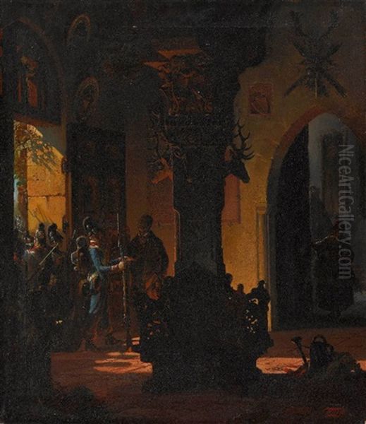 Einquartierung Bayerischer Infanterie In Einem Schloss Oil Painting by Franz von Seitz