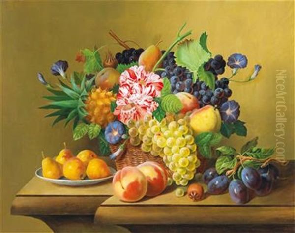 Still Life With Basket Of Fruit And Plate Of Pears Oil Painting by Georg Seitz