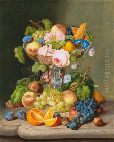 Large Still Life With Flowers And Fruit Oil Painting by Georg Seitz