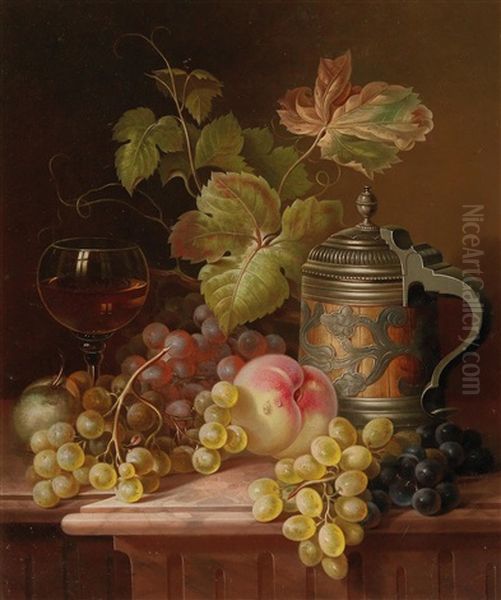 Still Life With Grapes, Wineglass And Pewter Tankard Oil Painting by Georg Seitz