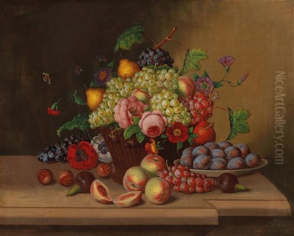 Still Life With Flower And Fruit With Willow Basket Oil Painting by Georg Seitz