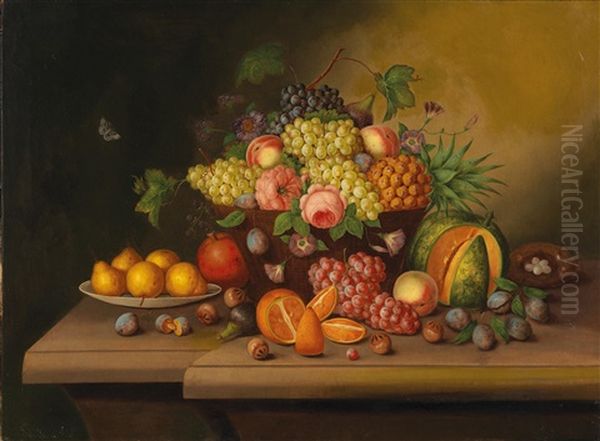 Large Still Life With Fruit On A Stone Slab Oil Painting by Georg Seitz